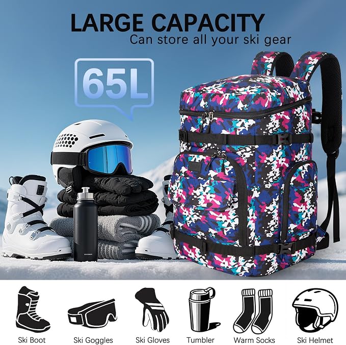 65L Waterproof Ski Boot Bag, Heavy Duty Snowboard Backpack for Helmet Goggles Gear, Air Travel Winter Sports Bag - Image 2