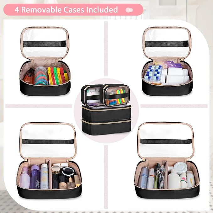 Extra Large Toiletry Bag for Women, Travel Makeup Organizer, Black | Toiletry Bag with 4 Individual Cases, Hair Tool Pocket & Makeup Brushes Compartment, Large Capacity Travel Organizer - Image 2