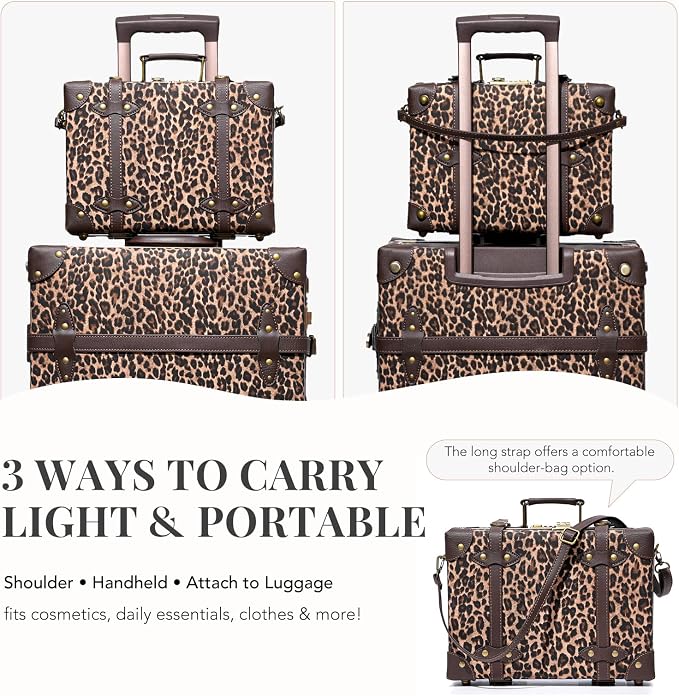 urecity Vintage Suitcase Set for Women, Vintage Luggage Sets for Women 2 Piece, Cute Designer Trunk Luggage, Retro Suit Case, Luggage Zipperless TSA Approved (Leopard, 26"+12") - Image 7