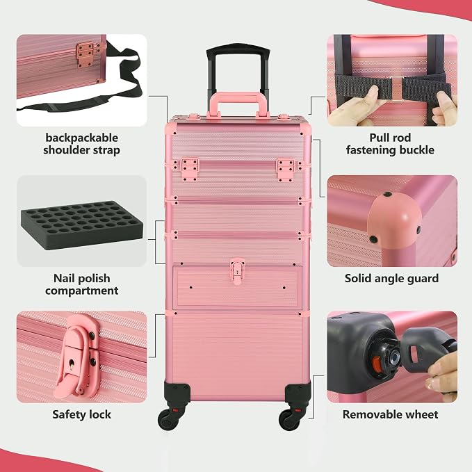 Somduy Rolling Makeup Case with Drawer, Makeup Train Case, 4 in 1Cosmetology Case on Wheels, Christmas Gift, Large Makeup Case Organizers, Profesional Cosmetic Case for Salon Barber, Light pink - Image 6