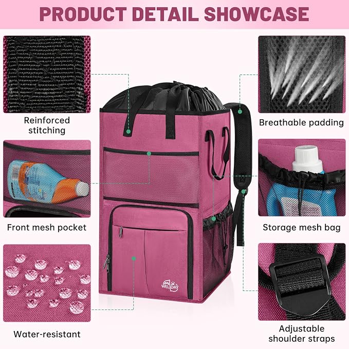 170L Laundry Backpack Bag with 3 Sizes Mesh Wash Bags Empty, Extra Large 2 in 1 Laundry Hamper Basket with Shoulder Straps, Freestanding Laundry Bag for College Dorm, Laundromat, Apartment (Pink) - Image 7