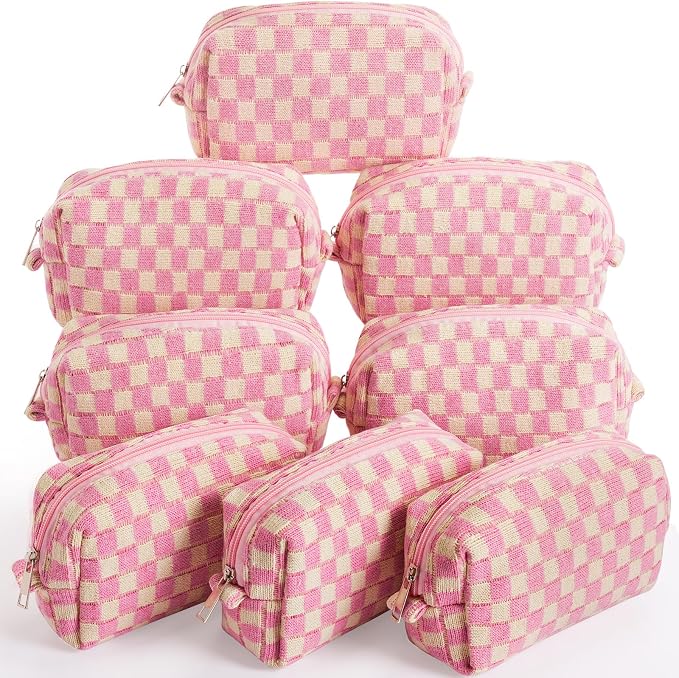 Gilprop 8 Pcs Checkered Makeup Bag for Purse Small Cosmetic Pouch Bulk Portable Zipper Makeup Pouch Travel Toiletry Organizer Gifts for Women Bridesmaid Wedding Party Favors (Pink White) by Gilprop