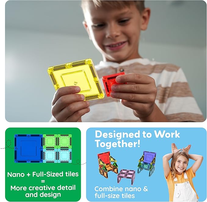 PicassoTiles 65pc Nano Magnetic Tile Travel Size Mini Portable Toy Construction Building Blocks Playset with Storage Bag Pouch STEM Montessori Classroom Magnet Tiles Stacking Toys for Kids Age 3+ PN03