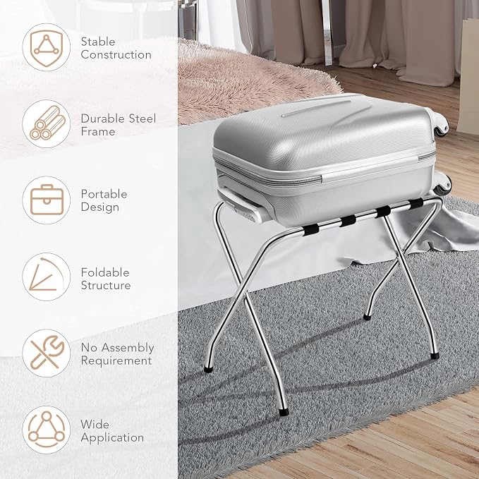 MAT EXPERT Folding Luggage Rack, No Assembly Required, 180lbs Capacity Luggage Holder w/ Nylon Straps & Non-slip Footpads, Chrome Suitcase Stand for Guest Room Home Bedroom Hotel, Set of 2, Silver - Image 9