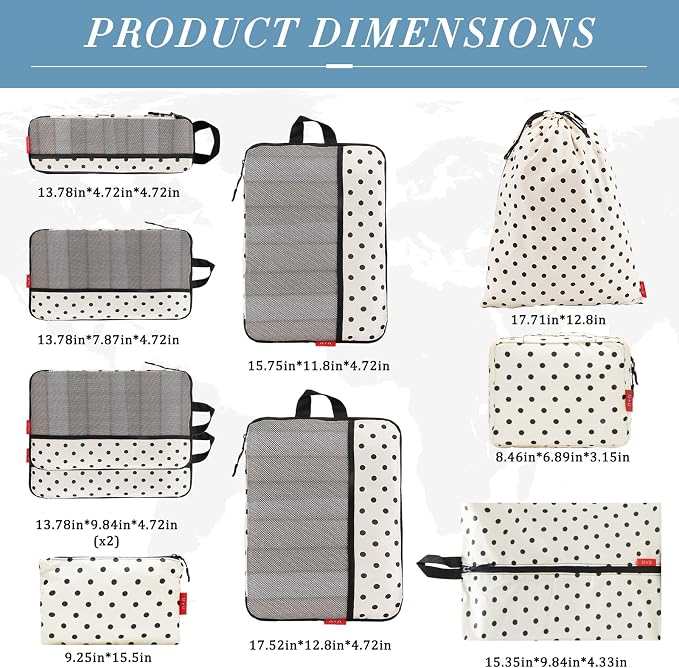 U+U 10 Set Compression Packing Cubes - Travel Organizers with Laundry Bag, Space-Saving Suitcase Organizer, Expandable Packing Organizers for Travel Essentials (Polka Dot) - Image 2