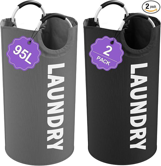 2Pcs Large Laundry Hamper for Adult, 95L Folding Clothes Basket with Handles, Dirty Clothes Hampers for Bedroom, Stand-alone Laundry Bin for Family, Hotel, Dorm, Grey/Black by IHOMAGIC