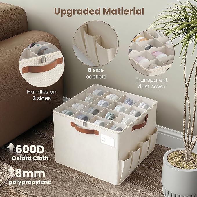 Varhomax Shoe Organizer Box for Closet, Fabric Shoe Storage Bin with Adjustable Dividers & Clear Cover, Holds up 16-32 Pairs of Sneakers & Sandals for Entryway, Cubby, Beige 2 Pack - Image 5