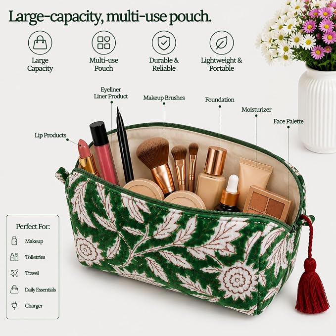 Huar Travel Makeup Bag- Large Capacity Cosmetic Bags for Women - Water Resistance Lining Portable Pouch & Open Toiletry Bag - Perfect Girls Makeup Organizer for Travel Essentials (Velvet Green Lotus) - Image 2