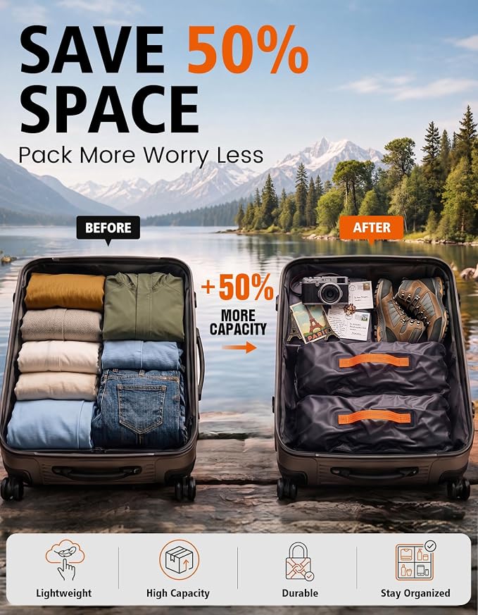 Vacuum Travel Bags with Pump, 34L Space Saver Vacuum Compression Bags for Travel Luggage Suitcase Backpack, Waterproof & Reusable Vacuum Packing Cubes for Clothing (1PCS + Pump) - Image 2