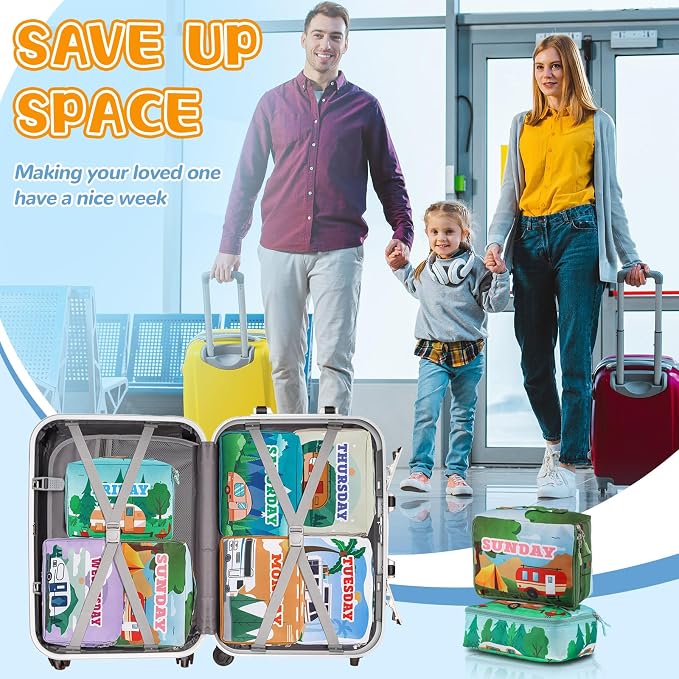 Paterr 7 Pcs Packing Cubes for Travel Kids Days of Week Compression Packing Cubes Colorful Luggage Organizers Suitcase Camp (Car) - Image 3