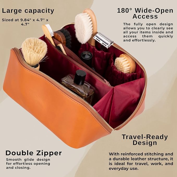 VENOULT Makeup Bag, Spacious Cosmetic Case for Women, Portable 180° Wide-Open Flat Cosmetic Bag, Travel Toiletry Organizer with Handle, Hanmdade, Full Grain Genuine Turkish Leather (Chestnut) - Image 2