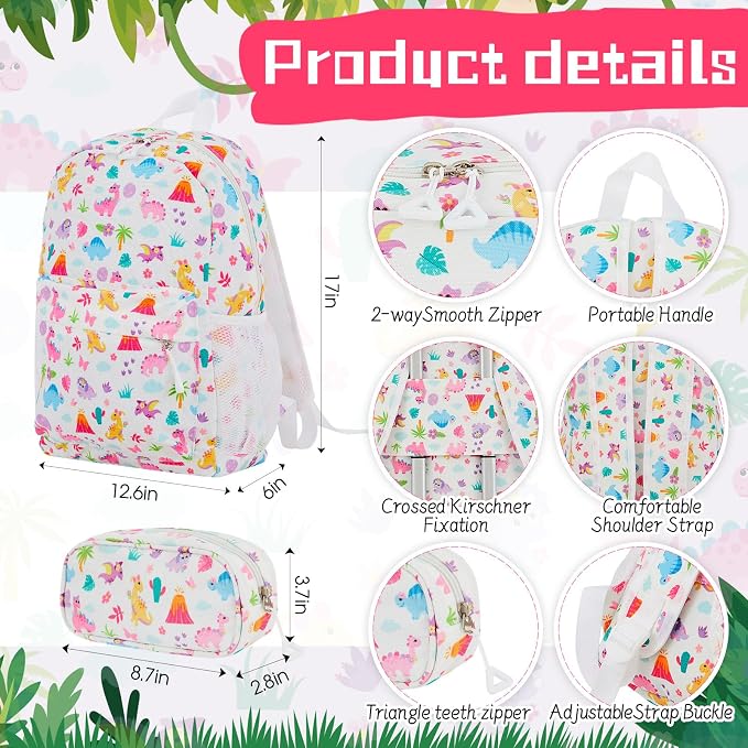 Redbaker 6 Pcs Kids Luggage Set, 17 Inch Rolling Suitcase with Backpack Lunch Bag Neck Pillow, Pink Dinosaur Travel Set for Summer Vacation Sleepover Back to School Gift - Image 4