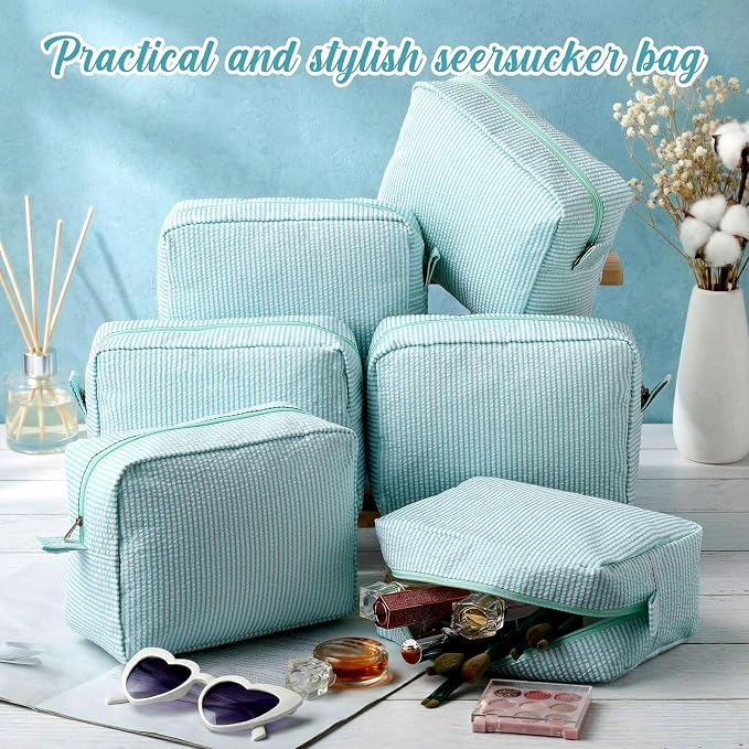 Sanwuta 6 Seersucker Cosmetic Bag Bulk Striped Makeup Bag for Women Aesthetic Cute Travel Toiletry Organizer Preppy Storage Pouch for Wedding Bridesmaid Mother's Day Teacher Gift (Large,Mint Blue) - Image 4