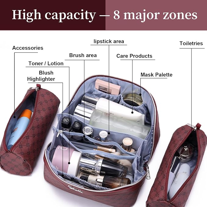 BOYATU Travel Makeup Bag Cosmetic Bags for Women: 3 Pcs Set Large Capacity Make up Bag with Handle - Vegan Leather Toiletry Bags with Compartments - Makeup Organizer for Travel Essentials(A-10-Red) - Image 5