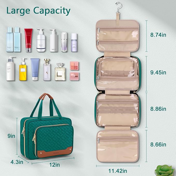 Wedama Toiletry Bag for Women, Hanging Travel Toiletry Bag with Jewelry Organizer Compartment Large Makeup Bag, PVC Waterproof Cosmetic Travel Bag Trips Camping Bathroom, Green+Brown - Image 4