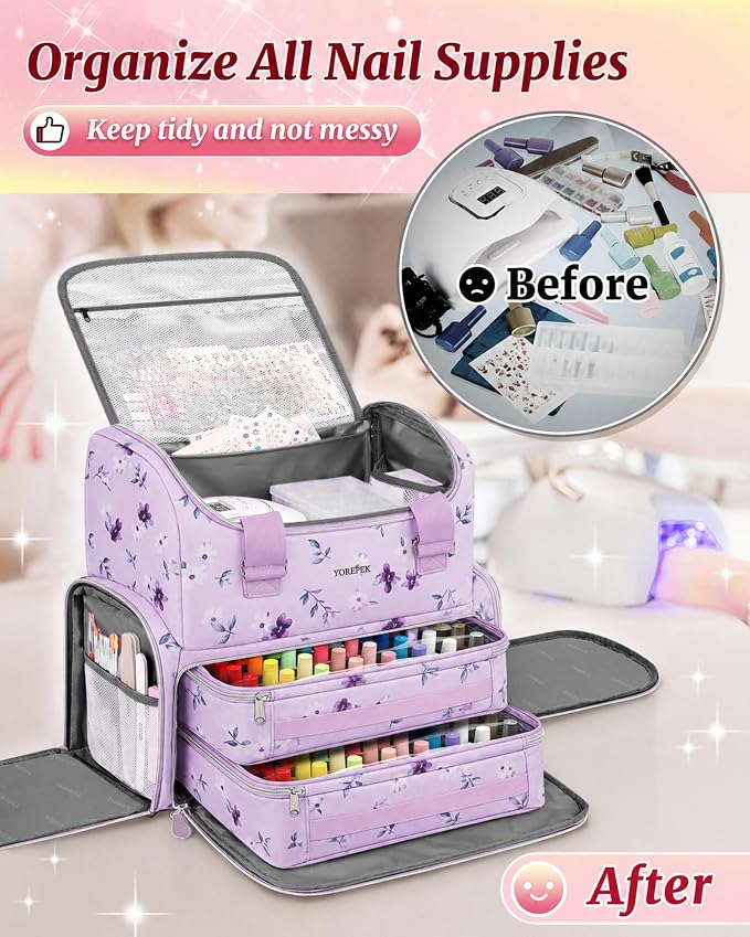 YOREPEK Travel Nail Supplies Organizer Backpack, Holds 96 to 100+ Bottles | Large Nail Tech Bag for Supplies & UV Lamp, Purple Floral Nail Organizers and Storage for Manicurist, Lavender Bloom - Image 6