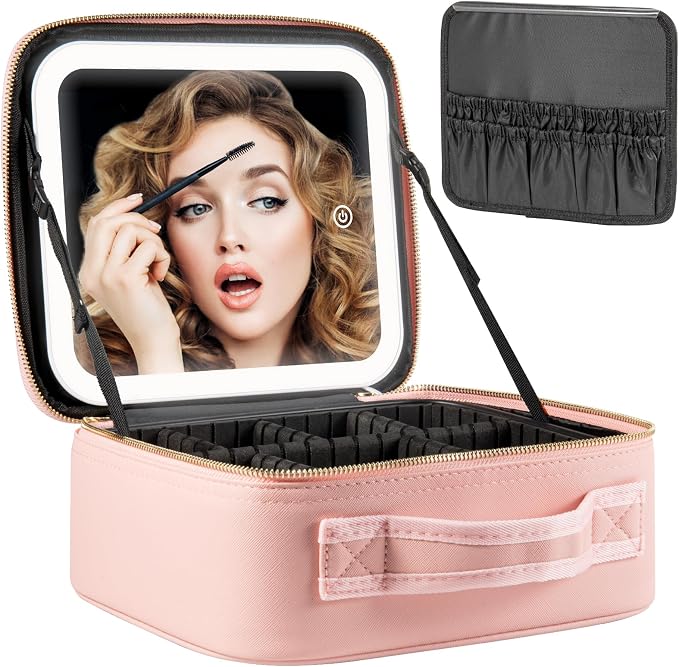 Extrei Gent Makeup Travel Train Case with Mirror LED Light 3 Adjustable Brightness Large Cosmetic Bag Portable Storage Adjustable Partition Waterproof Makeup Brushes Make up Jewelry Gift for Women by Extrei+Gent