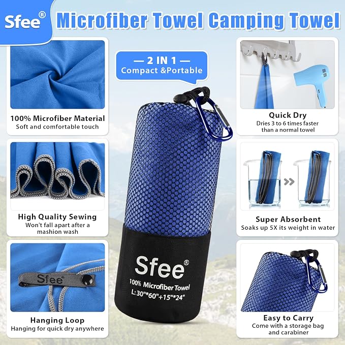 Sfee 2 Pack Microfiber Travel Towel, Quick Dry Towel Camping Towel Super Absorbent Compact Lightweight Sports Swim Gym Towels Set for Gym, Hiking, Pool, Backpacking, Bath, Yoga (M :48"x21"+24"x15") - Image 2