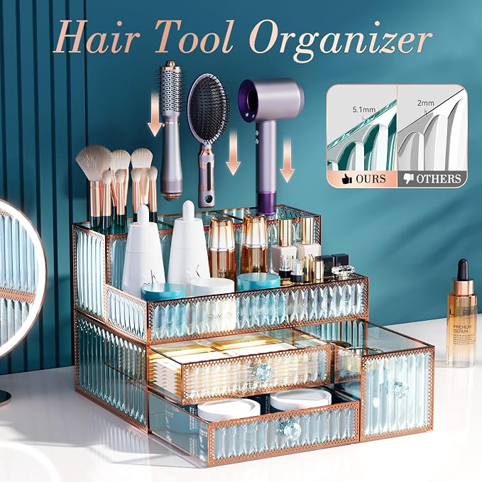 Youdepot Makeup Organizer Countertop - Tempered Glass Vanity Organizer for Cosmetics, Skincare, Hair Tools, Brushes, Perfume - Multipurpose Bathroom Counter Skincare Organizer - Image 2
