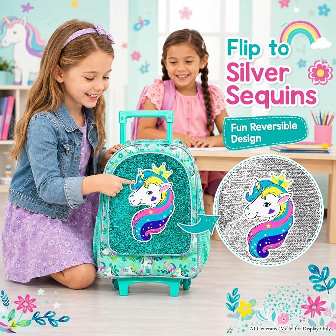 AGSDON 3PCS Rolling Backpack for Girls Boys, Kids Roller Wheels Bookbag, Wheeled School Bag with Lunch Bag - Image 6