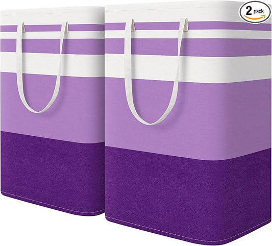 HomeHacks 2 Pack Large Laundry Baskets, Waterproof, Freestanding Laundry Hampers, Collapsible Clothes Hamper with Reinforced Handles in Laundry, College Dorm, Bathroom, Bedroom (Purple, 75Lx2) by HomeHacks