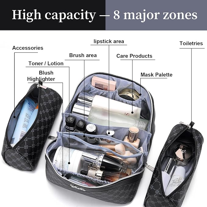 BOYATU Travel Makeup Bag Cosmetic Bags for Women: 3 Pcs Set Large Capacity Make up Bag with Handle - Vegan Leather Toiletry Bags with Compartments - Makeup Organizer for Travel Essentials(A-7-Black) - Image 5