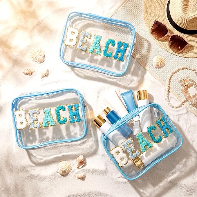 Kacctyen 12 Pack Clear Beach Makeup Bag with Chenille Letter Patch Travel Toiletry Bags Waterproof PVC Cosmetic Organizer for Women Girls Pool Beach Vacation Summer Essential Gifts, Teal Blue - Image 2