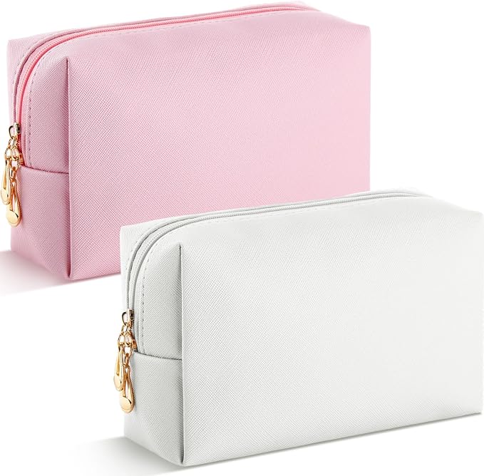 2 Pack Aesthetic Makeup Bags Bulk PU Leather Cosmetic Pouches Waterproof Toiletry Bags Makeup Pouches Bulk for Teen Girls Women Party Gift Travel Storage Back to Teacher Gift (Pink White) by Cunno