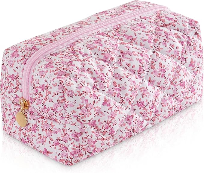 Makeup Bag Travel Toiletry Bag for Women, Small Cosmetic Bags Cute Quilted Cotton Makeup Pouch for Purse Emergency Bag Pencil Case Accessory Bag, Baby Pink by Unknown