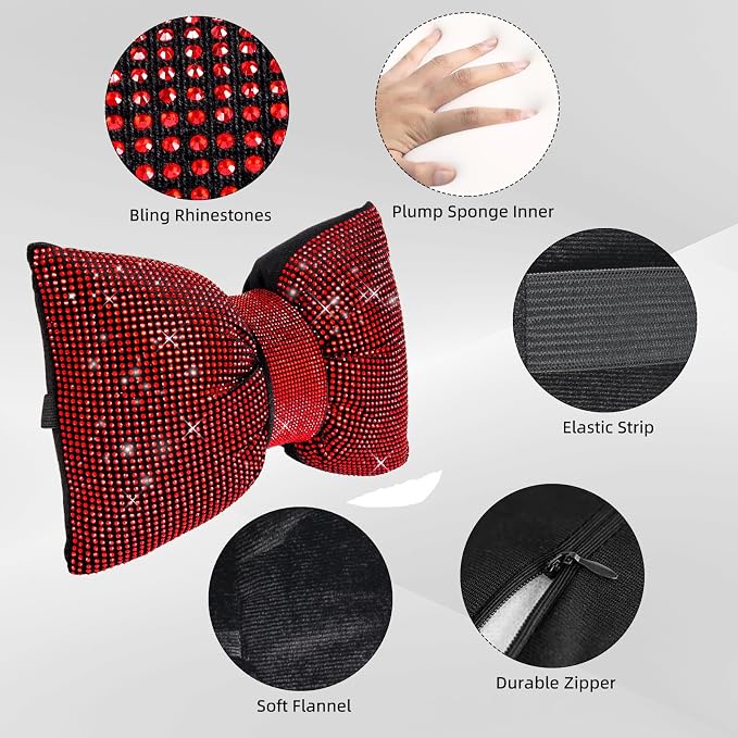ChuLian 4 PCS Bling Car Pillows,Rhinestones Bowknot Car Headrest Pillow,Red | Car Neck Pillow for Driver Relax Neck Support,Sleeping Travel Support Neck Pillow,Diamond Interior Accessories for Women - Image 6