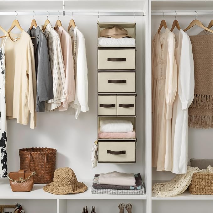 GRANNY SAYS Hanging Closet Organizers and Storage 6 Shelves, Closet Hanging Organizer with 5 Drawers, 6 Side Pockets Hanging Storage Organizer, Portable Clothes Organizer for Closet, Beige - Image 2