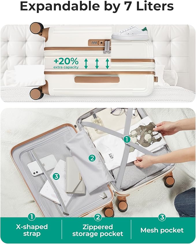 BAGSMART Carry On Luggage 22x14x9 Airline Approved with Spinner Wheels,100% PC Hardside Expandable Luggage with TSA Lock for Trips, 20 Inch Rolling Suitcases for Men Women,Beige