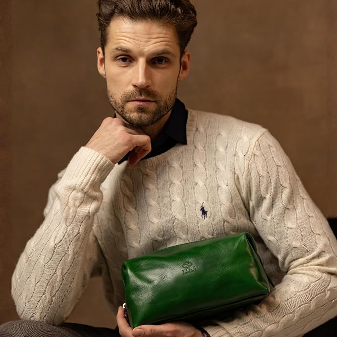 Time Resistance Leather Toiletry Bag - Italian Cosmetic Case Dopp Kit (Green) - Image 2