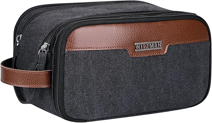 WITZMAN Canvas Toiletry Bag for Men Travel Toiletries Large 7L Dopp Kit | Multi-pockets with Dry-wet Pocket, Side Handle for Hanging, Lightweight, For Daily Use, Bathroom, Make up, A8002 Black by WITZMAN