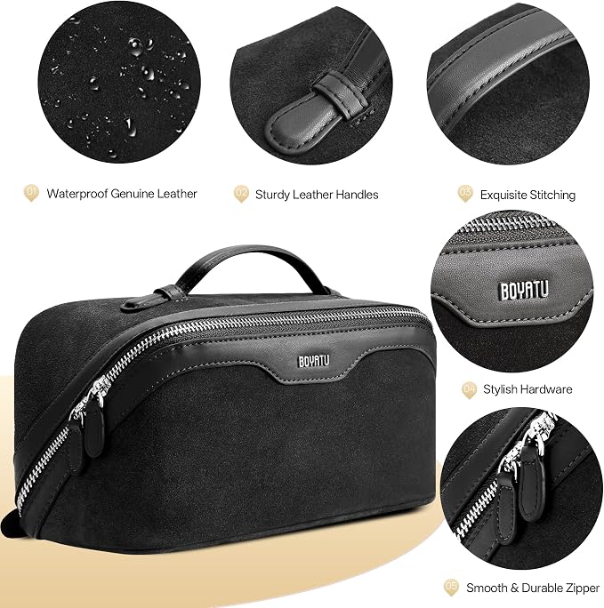 BOYATU Genuine Leather Travel Makeup Bag: Large Capacity 3 Pcs Set Cosmetic Bags for Women - Designer Waterproof Hand-made for Toiletry Organizer - Travel Essentials for Elegance (07Suede-Black) - Image 4