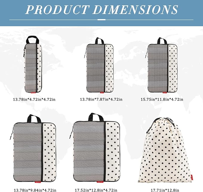 U+U 6 Set Compression Packing Cubes - Travel Organizers with Laundry Bag, Space-Saving Suitcase Organizer, Expandable Packing Organizers for Travel Essentials (Polka Dot) - Image 3