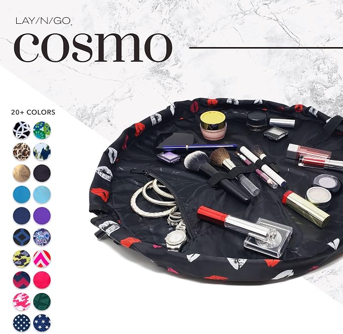 Lay-n-Go Cosmo Layflat Drawstring Cosmetic & Makeup Bag Organizer w/Zipper Pocket, Brush Loops & More, Cinch to Close, Lay Flat to Use, Durable, Machine Wash, Travel Toiletry Bag (20", Lips/Black) - Image 4