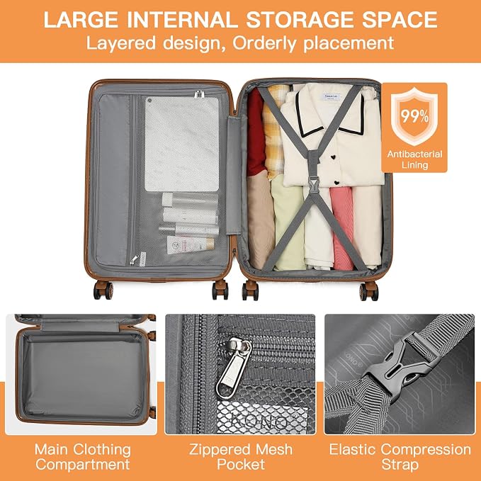 Kono Lightweight 28 Inch Expandable Luggage with Quiet Spinner Wheels TSA Lock, Scratch and Drop Resistant PC+ABS Hardside Durable Large Checked Suitcase, Cream White & Brown - Image 6