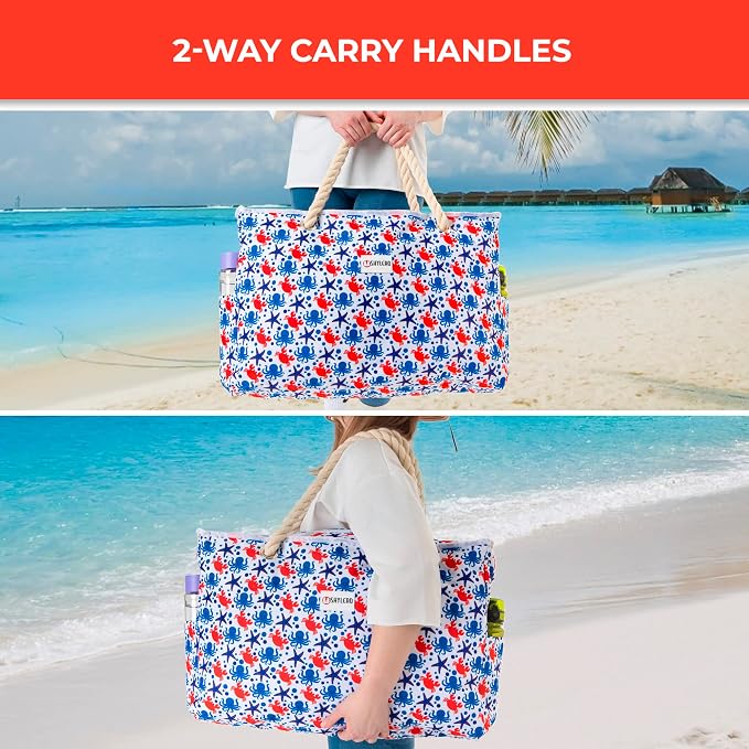 Beach Bag and Pool Bag Has Cooler Pocket, 7 Pockets Total, Zip Top. Family Size Waterproof Beach Tote - Image 8