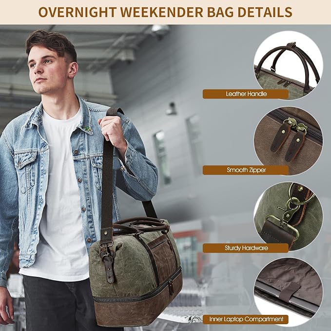 Waxed Canvas Duffel Bag with Shoe Compartment | 3-Piece Oversized Weekender Set Genuine Leather Trim Vintage Travel Carry-On Overnight Bag - Image 7