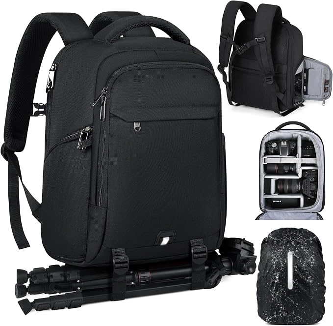 RAINSMORE Camera Backpack Camera Bag for Photographer DSLR SLR Mirrorless Camera Cases with Waterproof Rain Cover & Laptop Compartment Fit 15.6 Inch Laptop,Anti Theft Travel photography backpack,Black by RAINSMORE