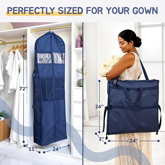 Wedding Dress Garment Bag 72" – Waterproof Trifold Travel Garment Bag for Bridal Gown with Shoulder Strap, Suitcase Sleeve & Accessory Pockets – Fits Full Skirts, Oxford Fabric, Carry Handle - Image 4