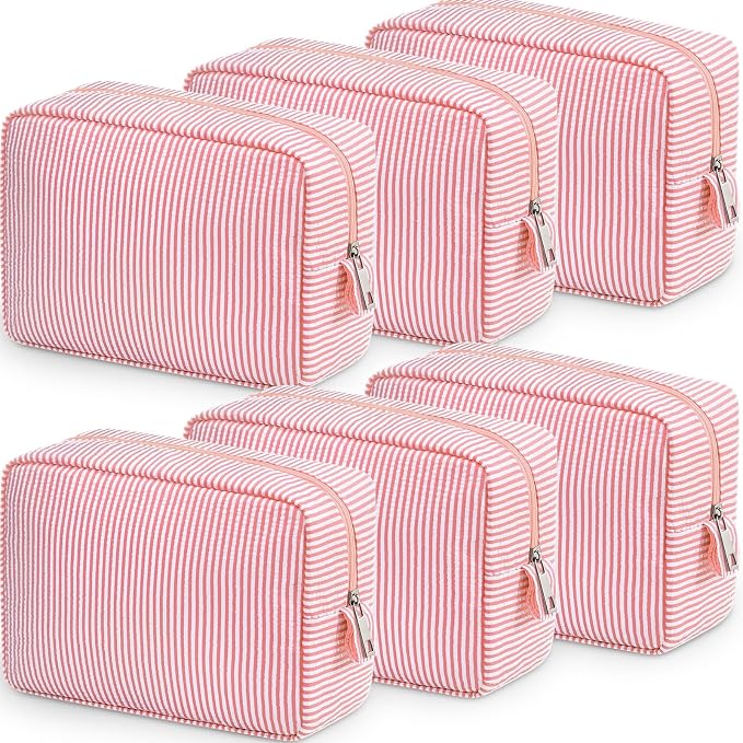 Sanwuta 6 Seersucker Cosmetic Bag Bulk Striped Makeup Bag for Women Aesthetic Cute Travel Toiletry Organizer Preppy Storage Pouch for Wedding Bridesmaid Mother's Day Teacher Gift (Large,Coral Pink) by Sanwuta