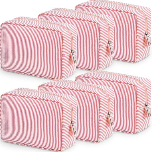 Sanwuta 6 Seersucker Cosmetic Bag Bulk Striped Makeup Bag for Women Aesthetic Cute Travel Toiletry Organizer Preppy Storage Pouch for Wedding Bridesmaid Mother's Day Teacher Gift (Large,Coral Pink) by Sanwuta