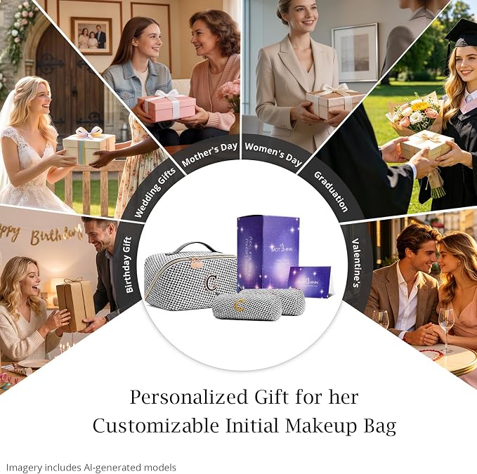 Personalized Gift Travel Makeup Bag: Initial Makeup Organizer Bag for Women | 3-in-1 Custom Make up Bag Set - Vegan Leather Travel Cosmetic Bag - Luxury Gift for Women – Birthday, Anniversary, Graduation - Image 7