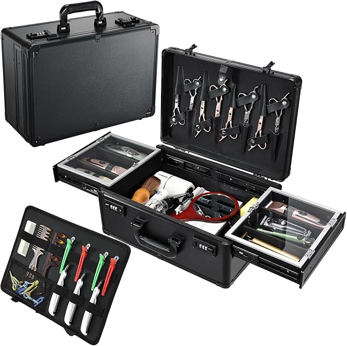 Yueieoun Barber Case 6 Clippers Sliding Tray, Profesional Barbers Briefcase Tool Case, Barber Cases for Clippers and Supplies, Hair Scissors Trimmer Organizer, Salon Hair Grooming Hard Travel Suitcase by Yueieoun