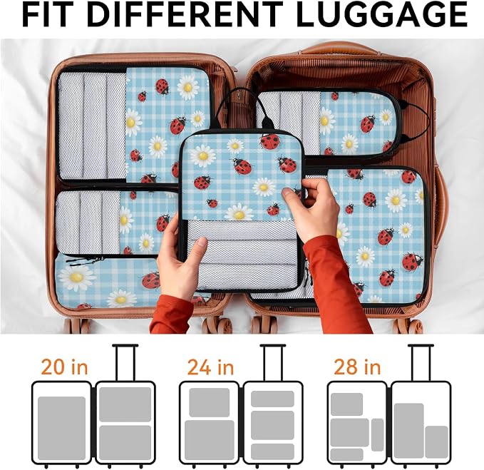 Floral Daisy Ladybugs 6 Set Compression Packing Cubes for Travel Luggage Carry On Suitcase Compressible Expandable Packing Cubes Organizers Bag - Image 7