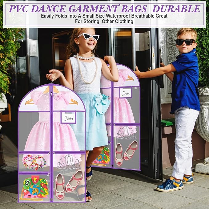 FoldTier 8 Pcs Dance Costume Garment Bag for Dancers 40 Inch Purple Edge Clear PVC Waterproof Garment Bag with 3 Zipper Pockets for Dancers Competitions Hanging Clothes - Image 5
