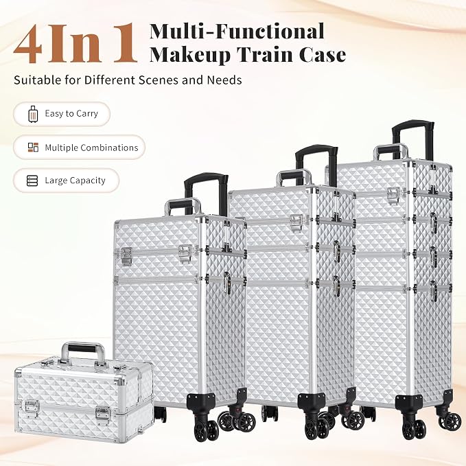 AROUS Rolling Makeup Train Case 4 in 1 Cosmetology Case on Wheels Large Storage Cosmetic Trolley with Key Salon Barber Case Traveling Cart Trunk, Silver - Image 2