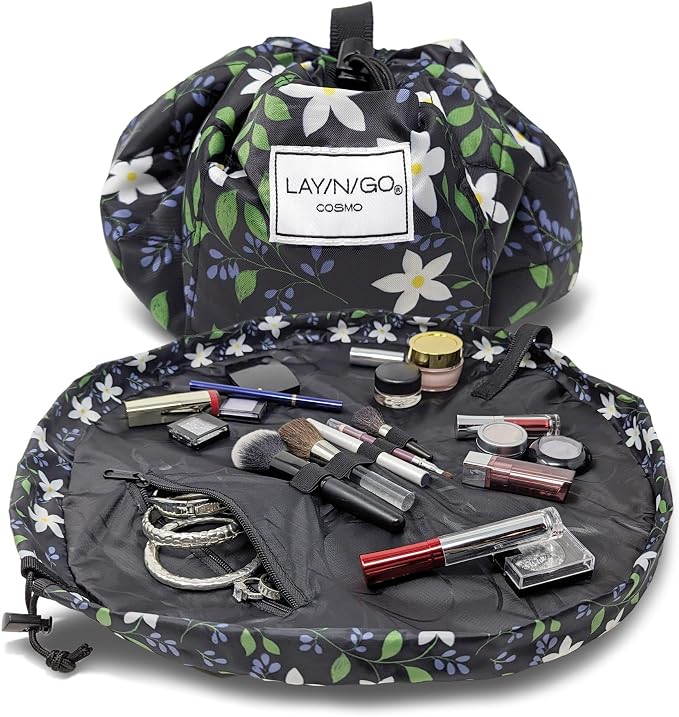 Lay-n-Go Cosmo Drawstring Cosmetic & Makeup Bag Organizer - Portable Drawstring Makeup Bag w/Zipper Pocket, Makeup Loops & More - Durable, Machine Washable Toiletry Bag (20", Floral Large) by Lay-n-Go